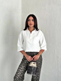 Z Krep Kadın Crop Yakalı Gömlek İlik Düğmeli Üç Çeyrek Sleeve Kol - Beyaz
