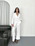 Yakalı Düğmeli Uzun Kollu Gömlek Pantolon ikili Takım - Beyaz