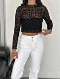 Kadın Dantel Uzun Kol Bluz- Siyah