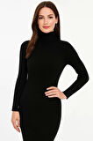 Kadın Boğazlı Uzun Fitilli Triko Dokuma Elbise - Siyah