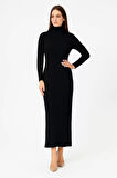 Kadın Boğazlı Uzun Fitilli Triko Dokuma Elbise - Siyah