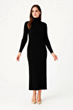 Kadın Boğazlı Uzun Fitilli Triko Dokuma Elbise - Siyah