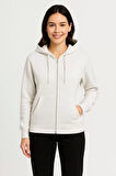 Kadın Üç İplik Kapüşonlu Tam Fermuarlı Kanguru Çepli SweatShirt Hoodie - Beyaz