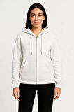 Kadın Üç İplik Kapüşonlu Tam Fermuarlı Kanguru Çepli SweatShirt Hoodie - Beyaz