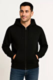 Erkek Üç İplik Kapüşonlu Tam Fermuarlı Kanguru Çepli SweatShirt Hoodie - Siyah