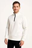 Erkek Dik Yaka Sweatshirt Dik Yaka Yarım Fermuarlı 3 İplik Şardonlu Pamuk Kumaş - Beyaz