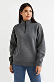 Kadın Üç İplik Dık Yaka Yarım Fermuarlı SweatShirt - Antrasit