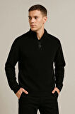 Erkek Yarım Fermuarlı Triko Kazak – Selanik Örgü, Dik Yaka, Pamuklu Dokuma, Regular Fit Uzun Kollu Kışlık Model - Siyah