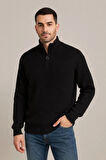 Erkek Yarım Fermuarlı Triko Kazak – Selanik Örgü, Dik Yaka, Pamuklu Dokuma, Regular Fit Uzun Kollu Kışlık Model - Siyah