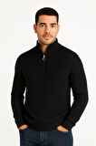 Erkek Yarım Fermuarlı Triko Kazak – Selanik Örgü, Dik Yaka, Pamuklu Dokuma, Regular Fit Uzun Kollu Kışlık Model - Siyah