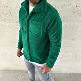 Erkek Pelüş Polar Hırka Gömlek – Yakalı, İlik Düğmeli, Göğüs Cepli, Yumuşak Dokulu Kışlık Regular Fit Rahat Günlük Model - Çimen Yeşili