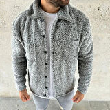 Erkek Pelüş Polar Hırka Gömlek – Yakalı, İlik Düğmeli, Göğüs Cepli, Yumuşak Dokulu Kışlık Regular Fit Rahat Günlük Model - Gri