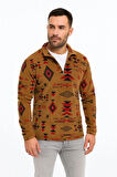 Erkek Yarım Fermuarlı Desenli Polar Sweat Tribal Etnik Desen Yakalı, Uzun Kollu, Oversize Rahat Kalıp, - Kahverengi