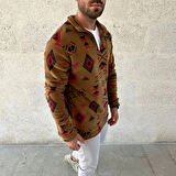 Erkek Yarım Fermuarlı Desenli Polar Sweat Tribal Etnik Desen Yakalı, Uzun Kollu, Oversize Rahat Kalıp, - Kahverengi