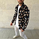 Erkek Tam Fermuarlı Desenli Polar Sweat – Siyah Multicolor Figür Desen Yakalı, Uzun Kollu, Oversize Rahat Kalıp- Siyah