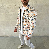 Erkek Tam Fermuarlı Desenli Polar Sweat – Siyah Multicolor Figür Desen Yakalı, Uzun Kollu, Oversize Rahat Kalıp- Beyaz