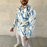 Erkek Tam Fermuarlı Desenli Polar Sweat  Lightning Desen Yakalı, Uzun Kollu, Oversize Rahat Kalıp - Beyaz