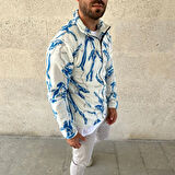 Erkek Tam Fermuarlı Desenli Polar Sweat  Lightning Desen Yakalı, Uzun Kollu, Oversize Rahat Kalıp - Beyaz