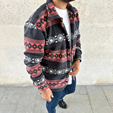 Erkek Desenli Polar Gömlek – Etnik Şerit Desen Yakalı, Uzun Kollu, Düğmeli, Oversize Rahat Kalıp - Füme