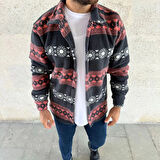 Erkek Desenli Polar Gömlek – Etnik Şerit Desen Yakalı, Uzun Kollu, Düğmeli, Oversize Rahat Kalıp - Füme