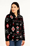 Kadın Yarım Fermuarlı Desenli Polar Sweat Tribal Etnik Desen Yakalı, Uzun Kollu, Oversize Rahat Kalıp - Siyah