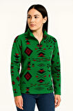 Kadın Yarım Fermuarlı Desenli Polar Sweat Tribal Etnik Desen Yakalı, Uzun Kollu, Oversize Rahat Kalıp - Yeşil
