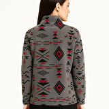 Kadın Yarım Fermuarlı Desenli Polar Sweat Tribal Etnik Desen Yakalı, Uzun Kollu, Oversize Rahat Kalıp - Füme
