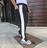 Erkek Üç İplik Kışlık Pamuklu Yandan Garneli Kalın Şeritli Cepli Eşofman Altı - Siyah