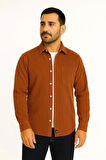 Erkek Fitilli Kadife Cepli Gömlek Oversize Rahat Kalıp - Kahverengi