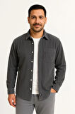 Erkek Fitilli Kadife Cepli Gömlek Oversize Rahat Kalıp - Füme