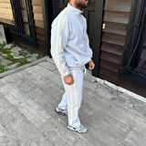 Erkek Çift Şeritli Eşofman Takım Dik Yaka Fermuarlı Sweatshirt Boru Paça Alt, Oversize 3 iplik Pamuklu - Gri