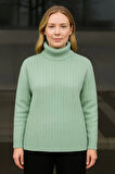 Kadın Balıkcı Yaka Bağazlı Triko Kazak Pamuklu Kalın Fitilli Dokuma - Mint Yeşili
