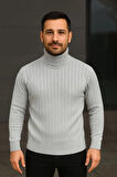 Erkek Balıkcı Yaka Bağazlı Triko Kazak Pamuklu Kalın Fitilli Dokuma, Regular Fit Uzun Kollu Kışlık Model - Gri
