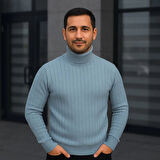 Erkek Balıkcı Yaka Bağazlı Triko Kazak Pamuklu Kalın Fitilli Dokuma, Regular Fit Uzun Kollu Kışlık Model - Bebe Mavisi