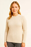 Kadın Bisiklet Yuvarlak Yaka Triko Kazak Pamuklu Kalın Fitilli Dokuma, Regular Fit Uzun Kollu Kışlık Model - Bej