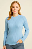 Kadın Bisiklet Yuvarlak Yaka Triko Kazak Pamuklu Kalın Fitilli Dokuma, Regular Fit Uzun Kollu Kışlık Model - Bebe Mavisi