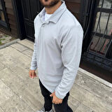 Erkek Fitilli Polar Sweatshirt – Düğmesiz Polo Yaka, Oversize Rahat Kalıp, Kalın Polar Kumaş, Kışlık ve Baharlık Şık Günlük Üst - Gri