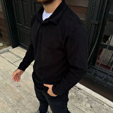 Erkek Fitilli Polar Sweatshirt – Düğmesiz Polo Yaka, Oversize Rahat Kalıp, Kalın Polar Kumaş, Kışlık ve Baharlık Şık Günlük Üst - Siyah