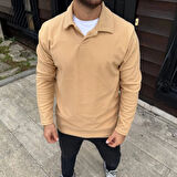 Erkek Fitilli Polar Sweatshirt – Düğmesiz Polo Yaka, Oversize Rahat Kalıp, Kalın Polar Kumaş, Kışlık ve Baharlık Şık Günlük Üst - Bej