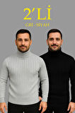 Erkek Fitilli Triko Kazak 2'li Set Gri Siyah Regular Balıkcı Yaka Tam Boğazlı Triko Seti Modeli Kazak