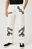 Erkek Üç İplik Pamuklu Baskılı Cepli Jogger Buggy Pantalon Oversize Kalıp - Beyaz