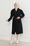 Kadın Kaşe Kaban – Uzun Boy Kruvaze Yaka, Kuşaklı Tesettür Kışlık Kaban, Astarlı Şık Yünlü Dokuma Oversize Rahat Kalıp, Cepli Modern Kaşe Mont Modeli - Siyah