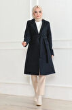 Kadın Kaşe Kaban – Uzun Boy Kruvaze Yaka, Kuşaklı Tesettür Kışlık Kaban, Astarlı Şık Yünlü Dokuma Oversize Rahat Kalıp, Cepli Modern Kaşe Mont Modeli - Lacivert
