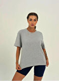 Maison La Femme Kadın Koyu Gri Baskısız Basıc Pamuklu Oversize T-shirt