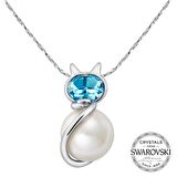 Monemel Mavi Swarovski Taşlı İncili Kedi Kolye