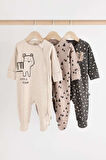 Next Baby % 100 Pamuklu Monokrom Hayvan Desenli 3'lü Tulum Set