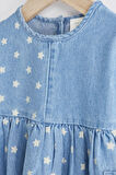 Next Baby % 100 Pamuklu Mavi Yıldız Desenli Denim Bebek Elbisesi