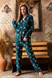 Kışlık Yılbaşı Desenli Kadın Gömlek Polar Pijama Takımı- Geyikli Yılbaşı Pijaması 