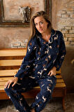 Kışlık Yılbaşı Desenli Kadın Gömlek Polar Pijama Takımı- Geyikli Yılbaşı Pijaması 