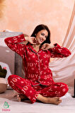 Kışlık Yılbaşı Desenli Kadın Gömlek Polar Pijama Takımı- Geyikli Yılbaşı Pijaması 